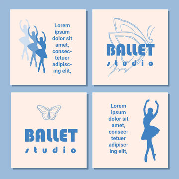 Set of theatre ticket design. Ballet school flyer template. Ballerina silhouette in the tutu and pointe shoe with butterfly. Blue card design with copy space text. Vector illustration