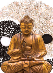 Bouddha bois doré sur fond yin yang 