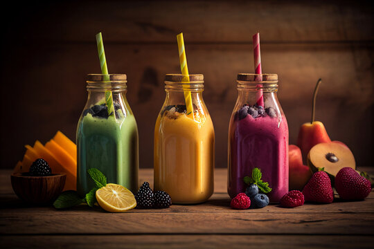 healthy smoothies with different fruits and vegetables in different glasses made with Generative AI