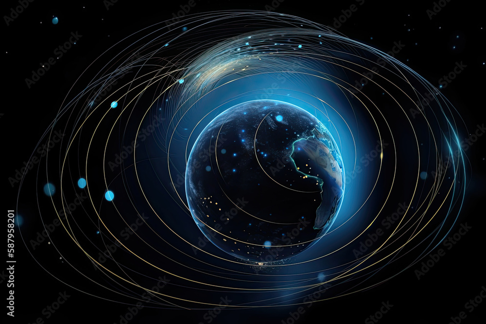Poster view from space on planet earth with satellites orbits around it. visualization of digital connectio