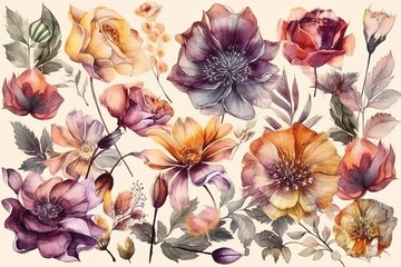 Luxurious floral elements, botanical background or wallpaper design, prints and invitations, postcards. Flowers in the style of watercolor art. AI