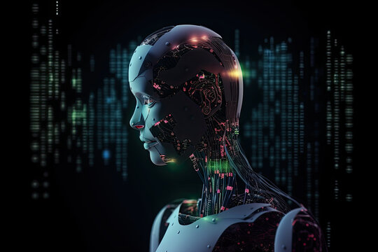Visualizatipon of human consciousness in artificial intelligence, process of thinking robot. Humanoid android on dark background with neurals connection. Created with Generative AI