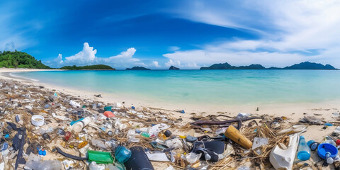 beach full of garbage and plastic waste, garbage and trash on beach - bad environment generated by Ai