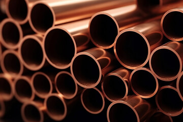 Close up of stacked copper pipes construction or manufacturing materials tube generated by Ai - obrazy, fototapety, plakaty