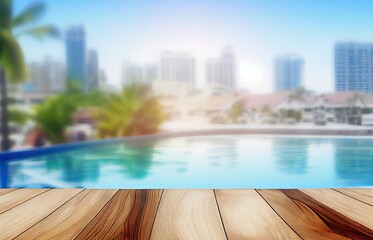 Fototapeta premium Wooden Deck Vacation City Backdrop And Copy Space Generative AI