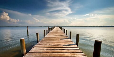 Fototapeta premium Wooden pier bridge in the beach at dawn sunset time generated by Ai