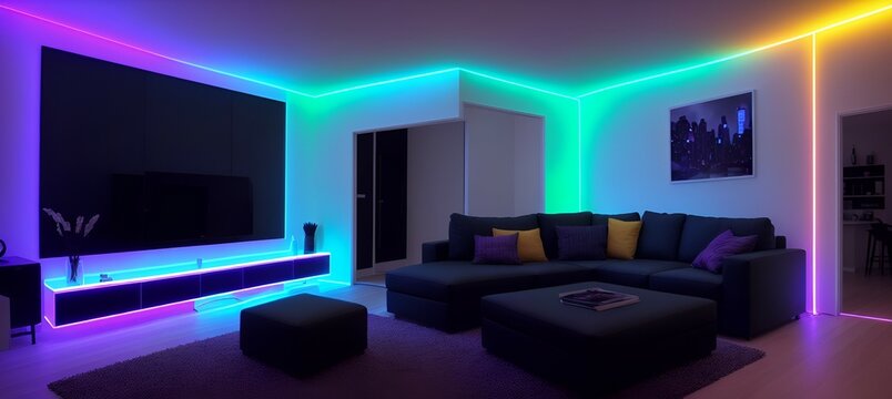 Photo of a modern living room with vibrant neon lighting and sleek furniture