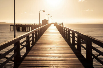Fototapeta na wymiar Wooden pier bridge in the beach at dawn sunset time generated by Ai