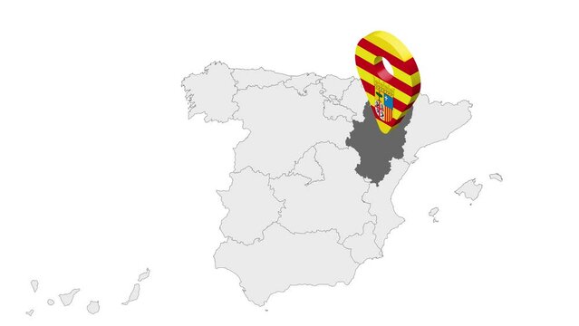 Location Aragon on map Spain. 3d Aragon flag map marker location pin. Map of Spain showing different parts. Animated map Autonomous communities of Spain. 4K.  Video
