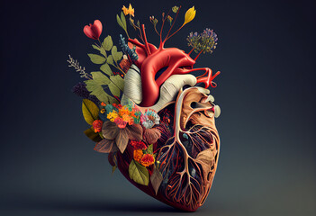 Human heart with flowers and leaves on dark background. 3d illustration generative ai