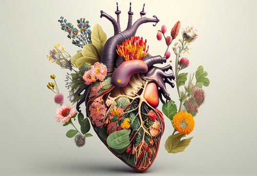 Human heart with flowers and leaves on dark background. 3d illustration generative ai