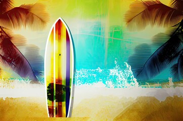 Surf Board Exotic Holiday Destination Beach Background And Copy Space Generative AI