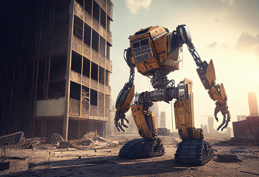 3d rendering of a robot in a construction site with buildings in the background generative ai