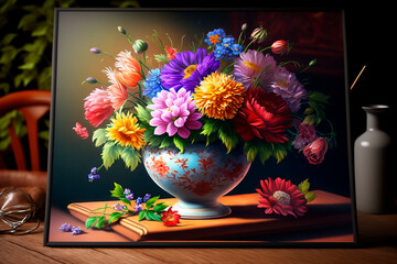 Spring bouquet of flowers in a vase on a table on a dark background, multicolored floral arrangement of field bright plants. Generative AI.