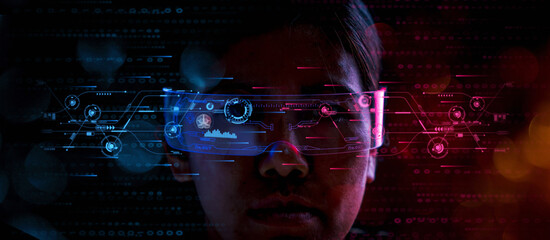 Women used virtual reality glass, Interface technology in future of user experience. Technology and...