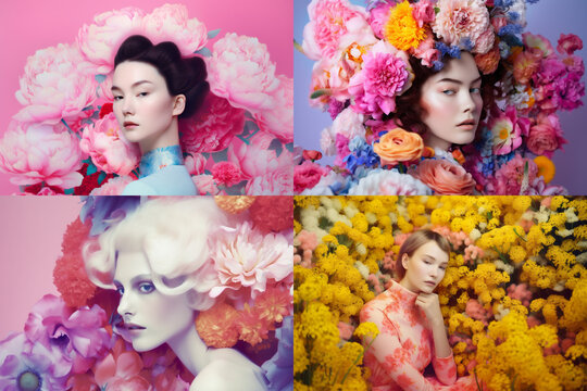 woman summer portrait peony art bouquet flower fashion spring beauty natural. Generative AI.