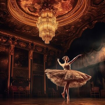 Graceful Ballerina in White Dress Dancing Beneath a Chandelier in a Room with Cinematic Lighting - Generative AI