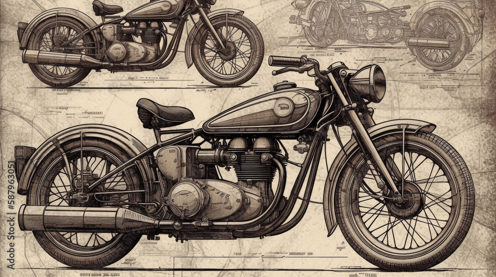 Wall mural retro style motorcycle design drawings generated ai