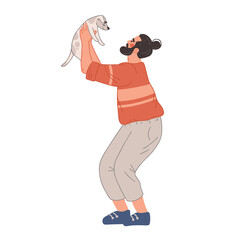 A happy man holds a white puppy. The guy smiles at the funny dog. Isolated illustration