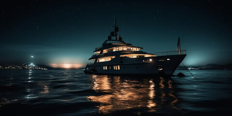 Yacht on the sea at night wide angle Generated AI