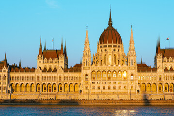 the hungarian parliament building in the evening light