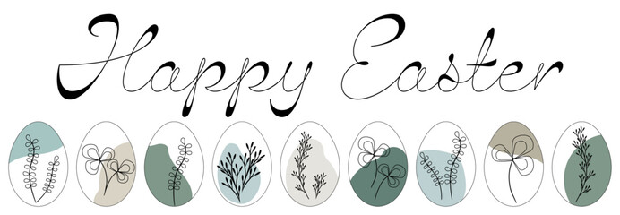 Happy Easter - Frohe Ostern. Grußkarte mit einer Reihe Ostereiern mit floralem Design.