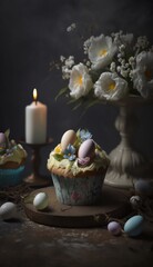 Obraz na płótnie Canvas candles, basket, eggs, beautiful eggs, painted eggs, blue, blank, red, pink, holiday, napkin, lace, flowers,