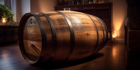 Wooden wine barrel in front of blurred background Generative AI