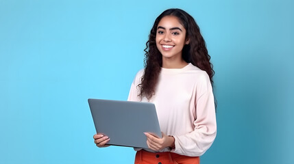 young latin woman smiling, working on her laptop