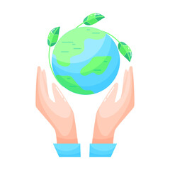 eco. Ecological icon. Earth. Hands holding the planet. Flat style. Green energy. Clean planet.