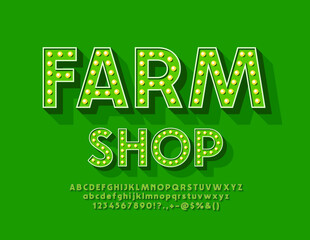 Vector creative Signboard Farm Shop. Green Lamp Font. Artistic Alphabet Letters, Numbers and Symbols set