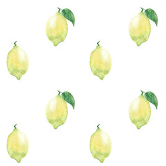Watercolor lemon fruit. Hand painted sour lemon. Juicy lemons seamless pattern. Bright summer design.