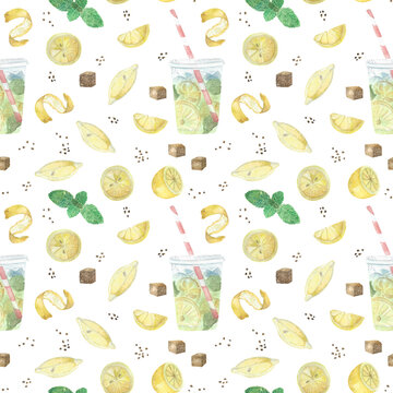 Seemless pattern with lemons, peel, slices, brown sugar and mint. Set for making lemonade. Glass of limonade with ice