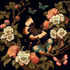Seamless floral pattern of butterflies and flowers in the spring, wallpaper. Fabric texture background