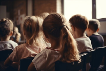 An engaging illustration of a classroom from the back, filled with children eagerly learning and interacting. Ai generated.