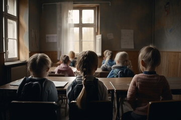 Fototapeta premium An engaging illustration of a classroom from the back, filled with children eagerly learning and interacting. Ai generated.