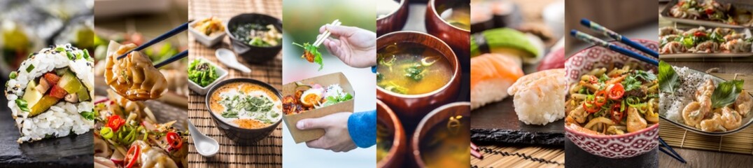 Food concept of various Asian meals, including sushi, noodles and soups in a single photo in a...
