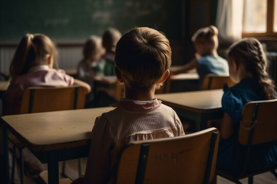 An Engaging Illustration Of A Classroom From The Back, Filled With Children Eagerly Learning And Interacting. Ai Generated.