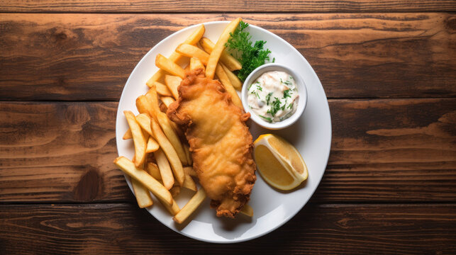 A Plate with Fish & Chips in a Rustic Setting