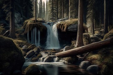 Babbling Brook In Forest Background Generative AI
