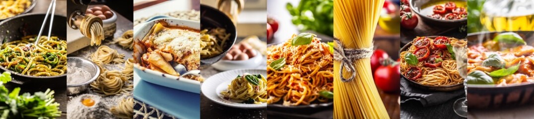 Italian pasta meals food concept showing different types of raw, cooked and homemade pasta in set of dishes