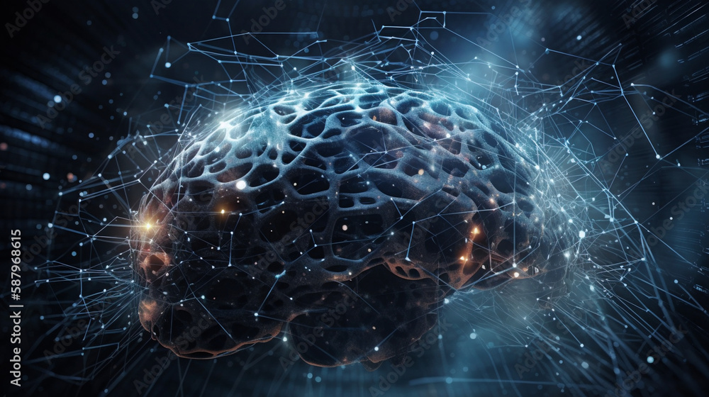 Aufkleber Visualization of artificial intelligence with neural connections, science background. Generative AI