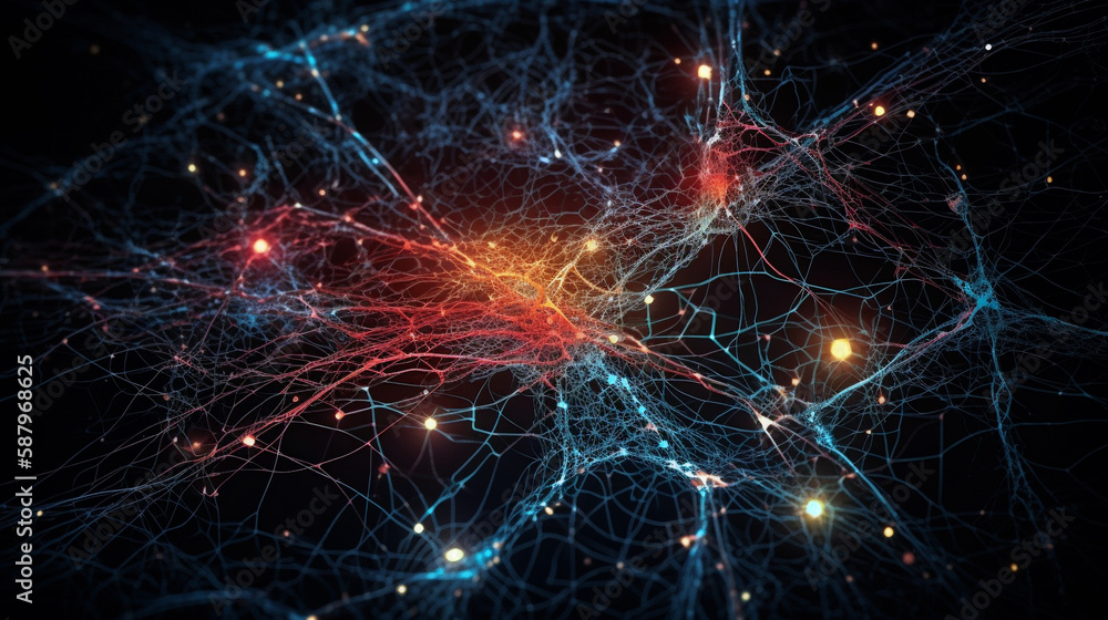 Aufkleber Visualization of artificial intelligence with neural connections, science background. Generative AI