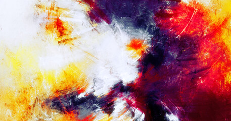 Fototapeta premium Art painting. Abstract texture. Red, orange, yellow dynamic background. Bright artistic splashes. Modern pattern. Fractal artwork for creative