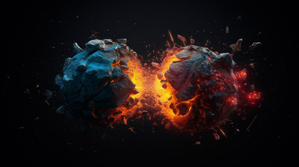 Collision of two forces. Two objects crash into each other and an explosion occurs. Generative AI