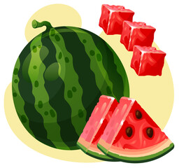Set of colorful watermelon on yellow background. Vector illustration with slices of watermelon. Healthy food concept art. Vector illustration for poster, banner, website, placecard, flyer. Red fruits.
