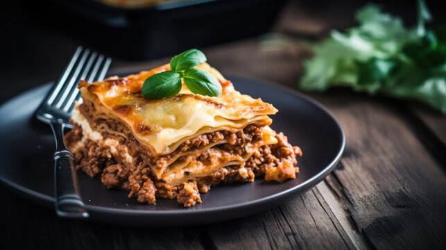 A Plate with a Slice of Lasagna in a Rustic Setting