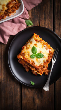 A Plate with a Slice of Lasagna in a Rustic Setting