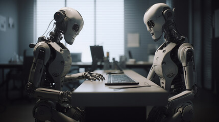 Two humanoid robots are sitting at the table, created with Generative AI technology