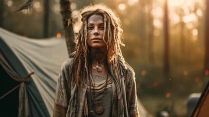 AI Embrace the wild and free spirit of the hippie girl, her flowing rasta locks swaying with the rhythm of the forest, as she finds peace and connection with nature's serenity